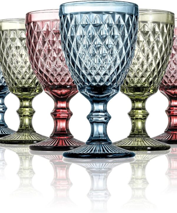 ZOOFOX Set of 6 Vintage Wine Glasses, 10 oz Colored Glass Goblet with Stem, Diamond Design Embossed Glassware for Baby Shower, Wedding, Party, Holiday