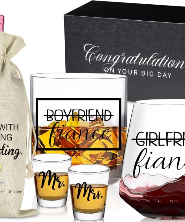comfit Fianc Engagement Gifts for Couples - Stemless Engagement Wine & Whiskey Glasses for Newly Engaged Couples, Mr and Mrs, Wedding Planning Wine Bag
