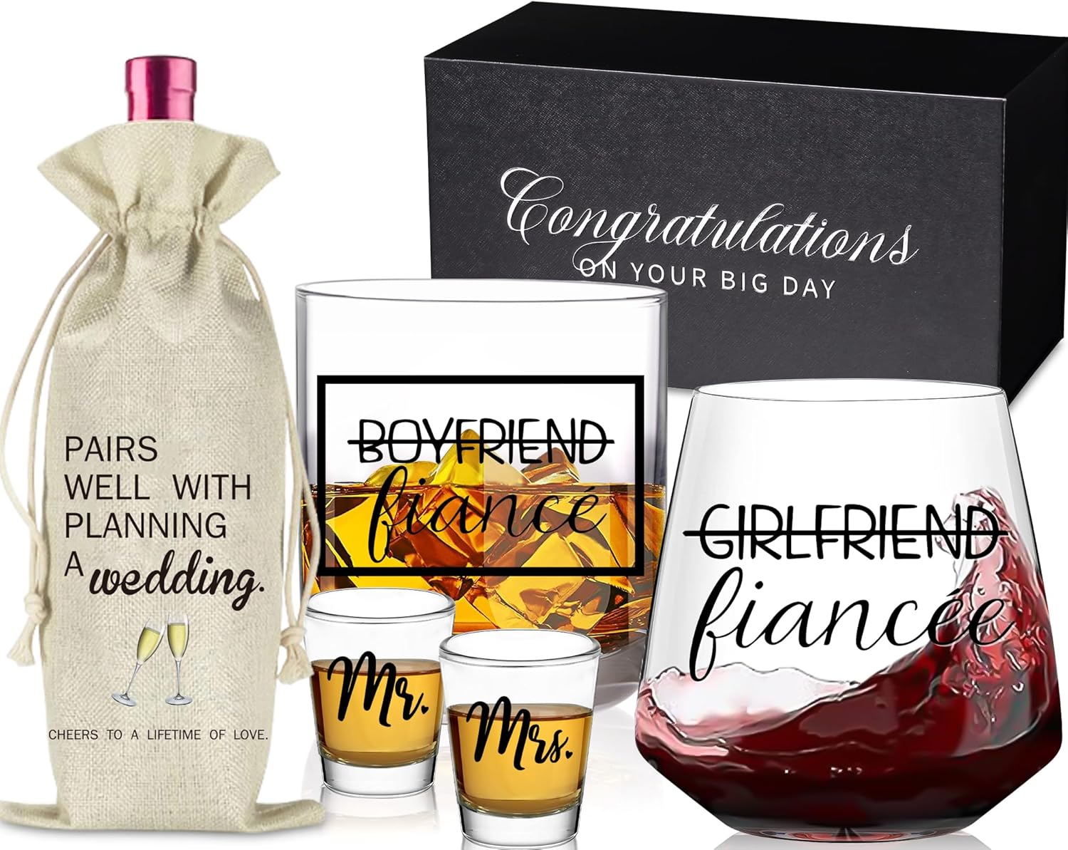 comfit Fianc Engagement Gifts for Couples - Stemless Engagement Wine & Whiskey Glasses for Newly Engaged Couples, Mr and Mrs, Wedding Planning Wine Bag