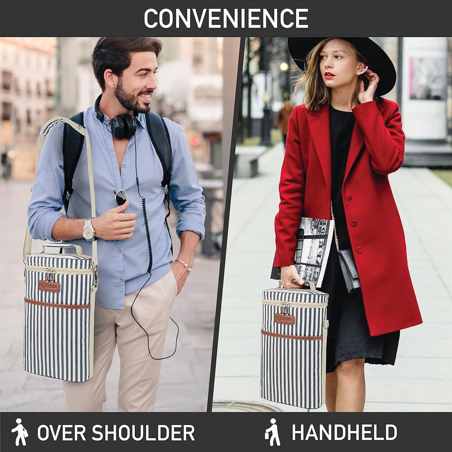opux 2 Bottle Wine Carrier Tote, Insulated Leakproof Wine Cooler Bag, Wine Travel Bag for Picnic BYOB Beach, Portable Wine Bottle Carrying Case, Gift for Wine Lover Women Men Christmas,Stripe