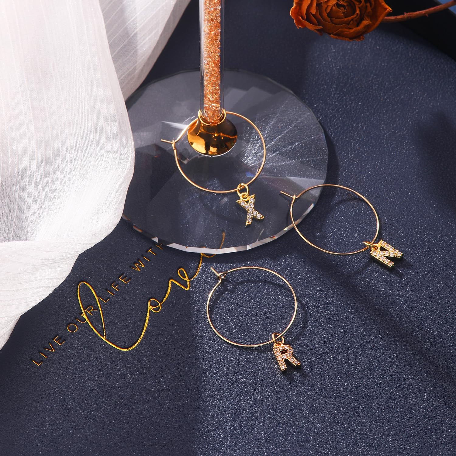 Pride & Par Gold Bling Letter Wine Glass Charms, 26-Piece Set, Diamond Wine Glass Markers for Stem Glasses, Shiny Wedding & Party Decoration