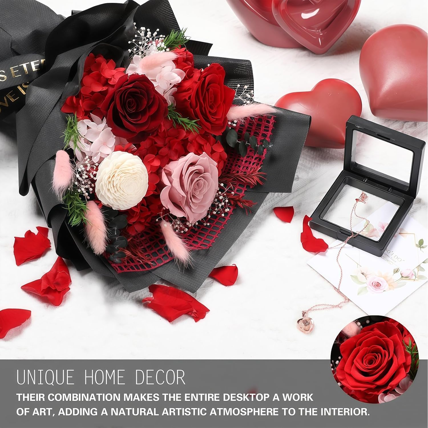 Preserved Flowers for Delivery, Red Flower Bouquets with Necklace, Forever Real Roses Anniversary Birthday Gifts for Women Mom Wife Girlfriend, Fresh Flowers for Valentines Day Christmas