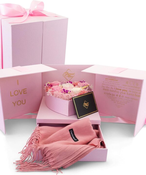 GLAMOUR BOUTIQUE Pink Open Heart Love Box with Mix Preserved Flowers Enchanted Flower for Valentines Day, Gifts for Her, Mom & Daughter, Valentines with Matching Scarf