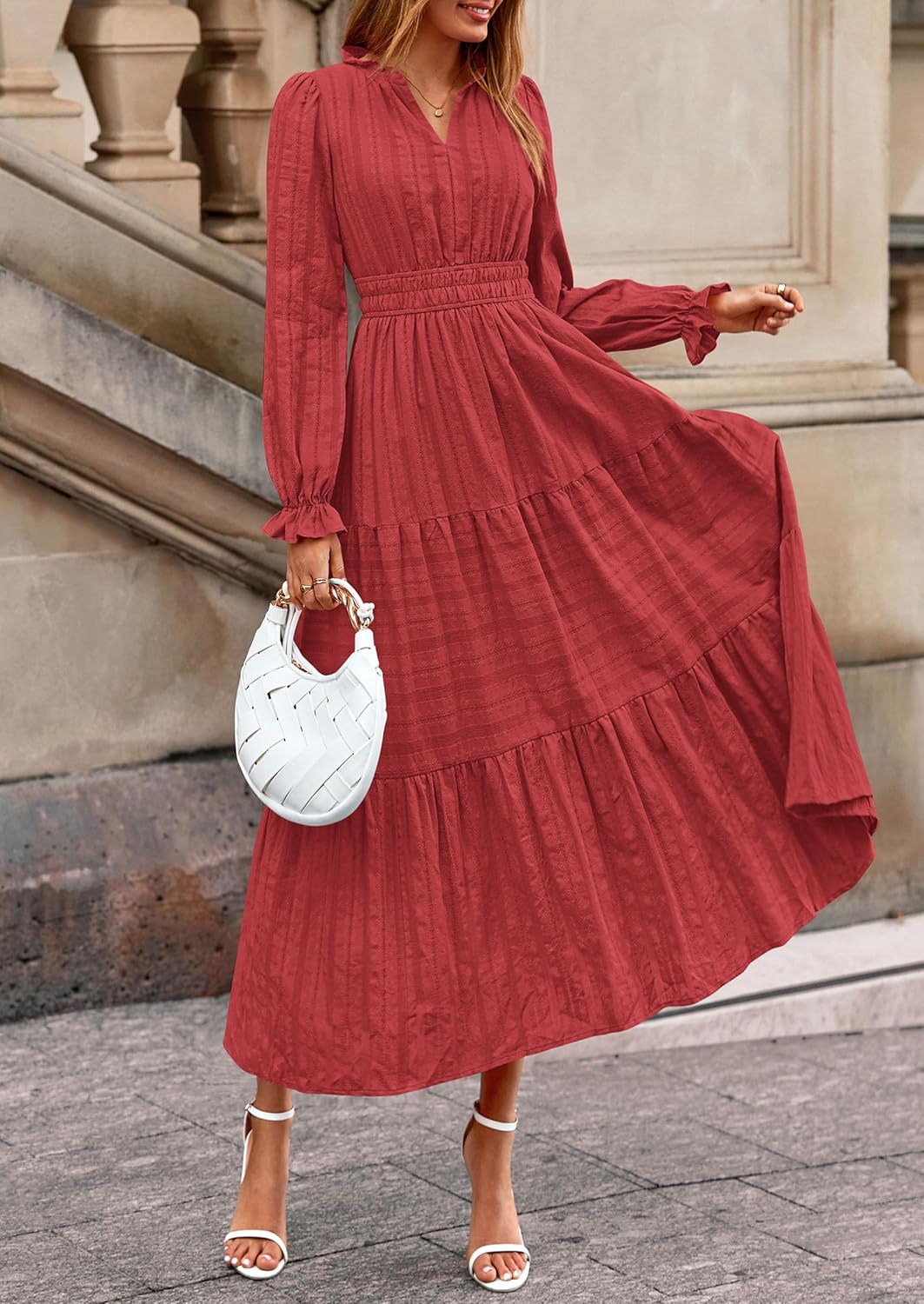 PRETTYGARDEN Womens 2025 Fall Wedding Guest Dresses Long Sleeve V Neck Flowy Elegant Holiday Party Maxi Dress with Pockets