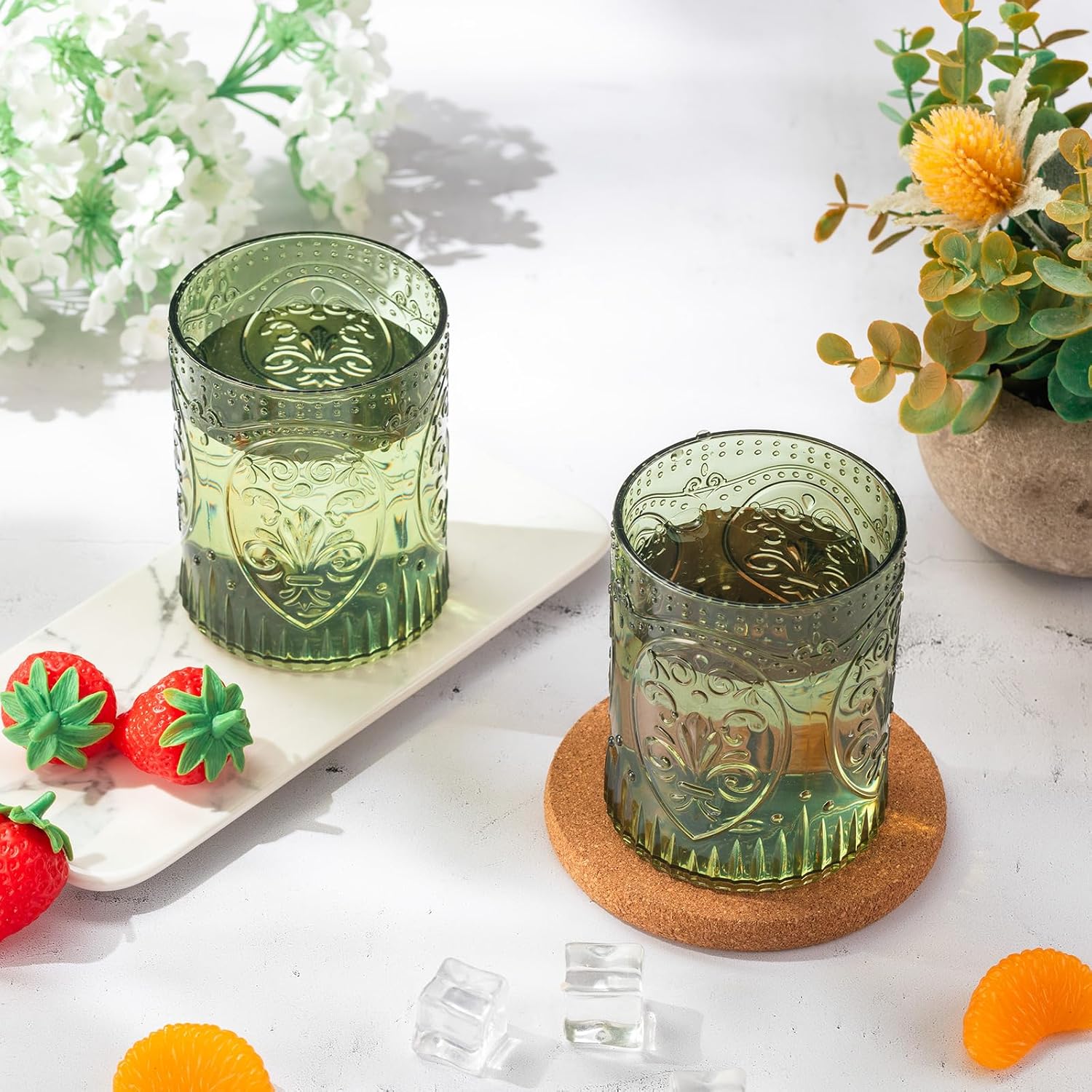 24 Plastic Vintage Drinking Glasses 8.5oz Stemless Retro Embossed Wine Glasses Shatterproof Reusable Cups for Baby Shower Wedding Reception Grand Event Party (Dark Green)