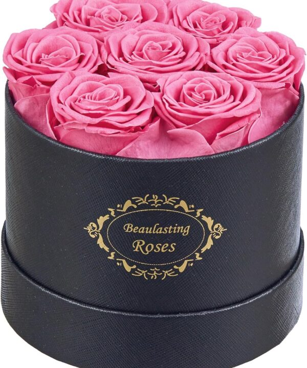 Beaulasting Long Lasting Preserved Roses in a Box Last a Year Forever Flowers for Her Mom Wife Anniversary Birthday (Round Black Box, Pink)