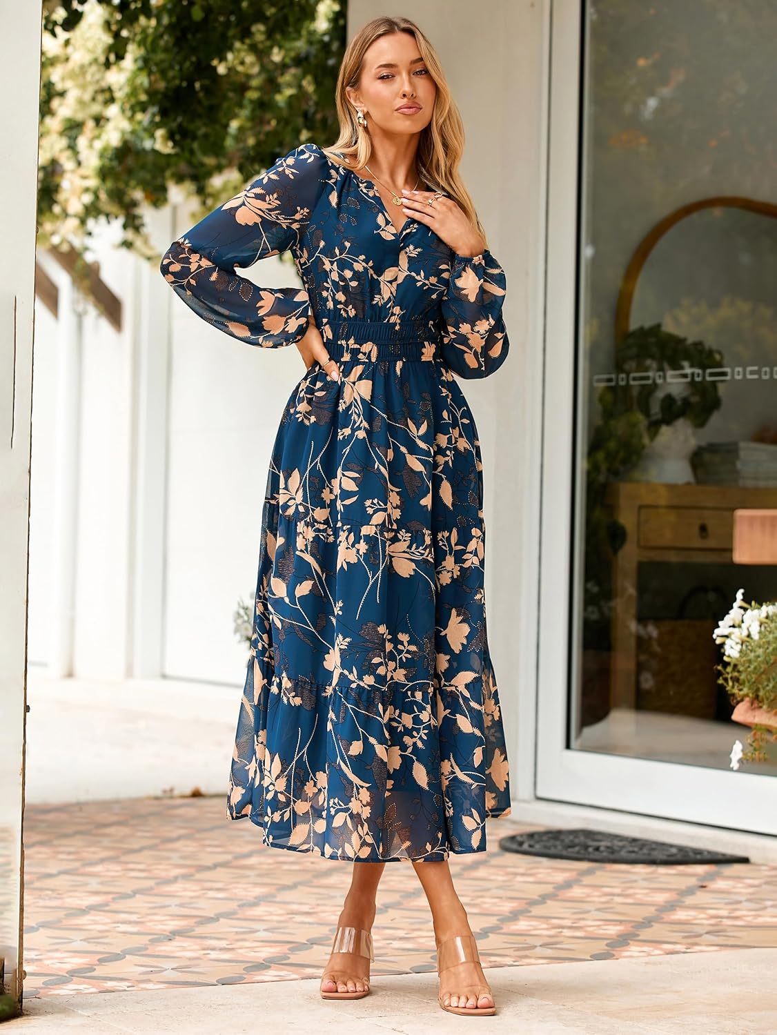 Simplee Women’s Floral Boho Long Sleeve Maxi Dress V Neck Empire Waist Swing Flowy Wedding Guest Dress