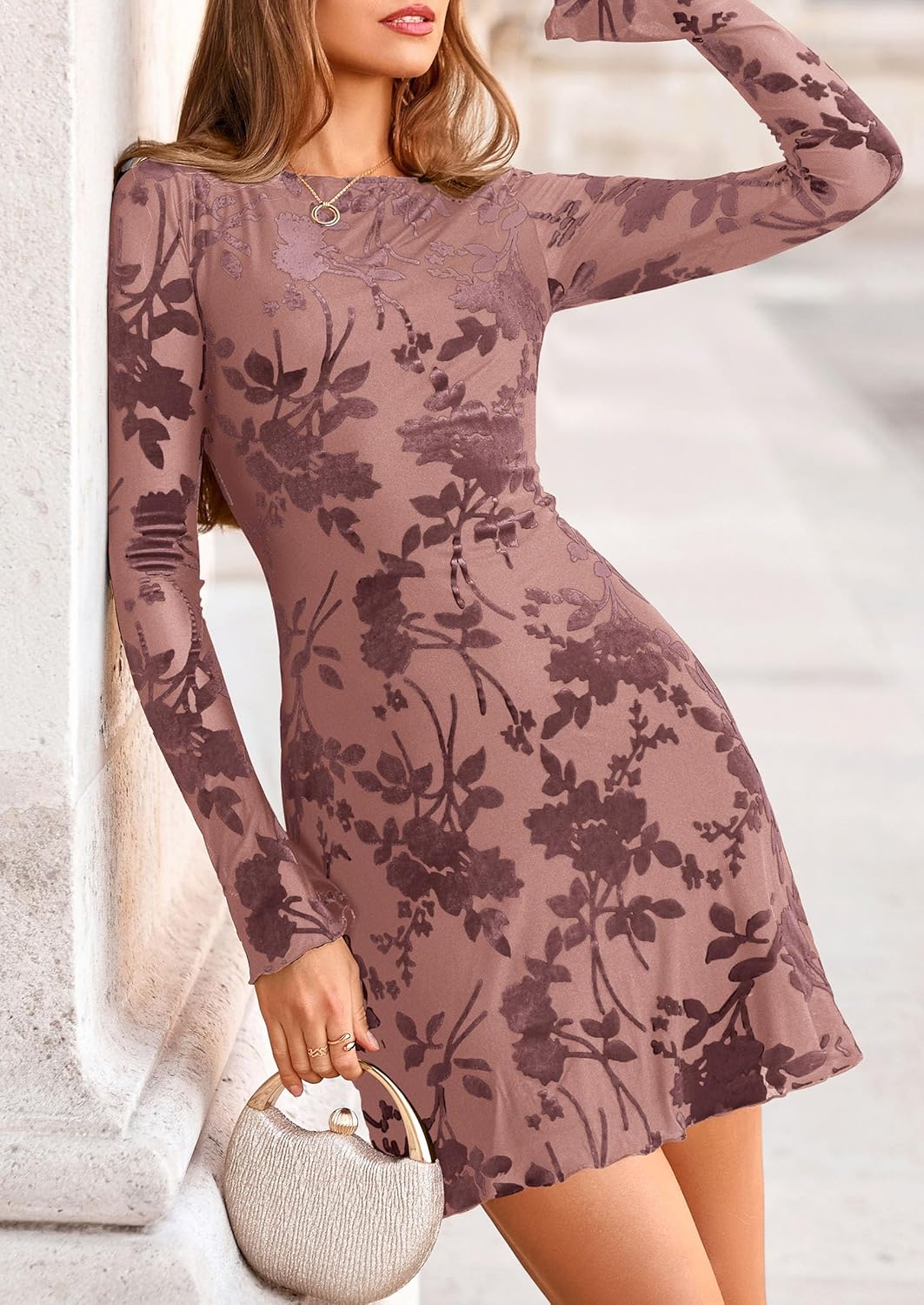 PRETTYGARDEN Women’s 2025 Fall Fashion Floral Long Sleeve Mini Dress Mesh Bodycon Short Party Date Night Going Out Dresses