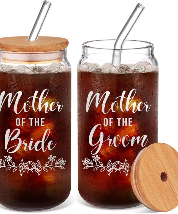 HOOMUU 2 Pack Mother Of The Bride Gifts Mother Of The Groom Gifts - Mother Of The Bride And Groom Glass Cups With Lids And Straws For Wedding Engagement Bridal Shower Bachelorette Gift