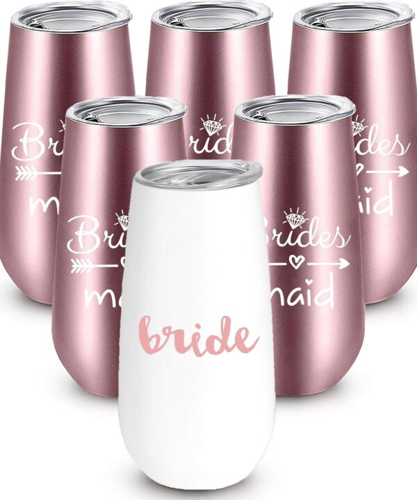 Bride to Be Champagne Flute | 6 oz Bride Tribe Stainless Steel Wine Tumblers | Engagement Wedding Gifts Bridesmaids Mugs Bachelorette Party Supplies & Games | Insulated Skinny Rose Gold Cups