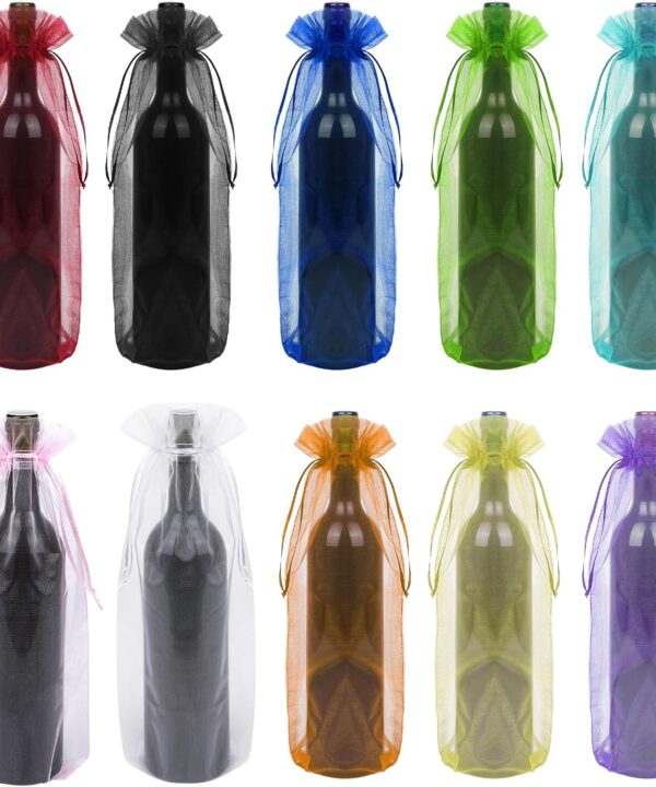 DIYASY 50 Pcs Organza Wine Bags, Christmas Sheer Wine Gifts Bag Mesh Bottle Wrap Covers Drawstring Gifts Wrapping Bags Xmas Wedding Decorations Party Favors 14.5 x 6.5