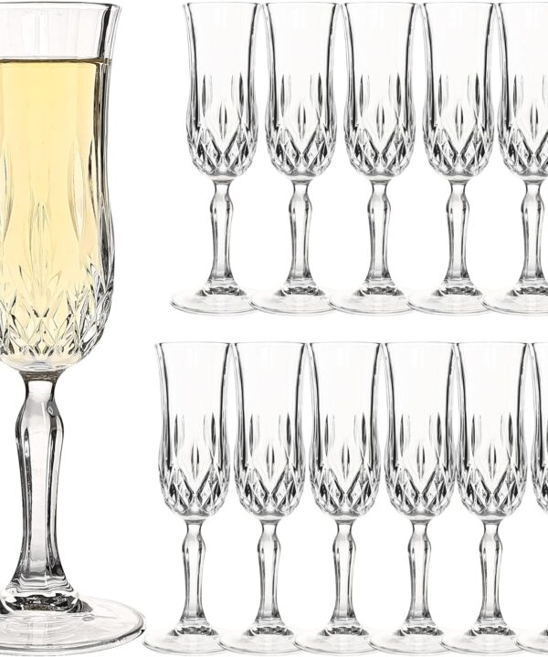 Champagne Flutes Set of 12-4 oz Vintage Crystal Clear Glasses with Cut Design, Elegant Stemware for Champagne, Prosecco, Mimosa, Dishwasher Safe, Ideal for Weddings, Parties, and Home Use (12 PCS)