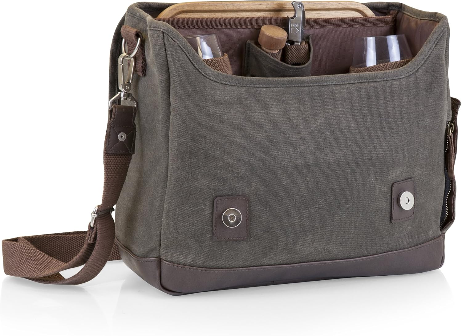 LEGACY – a Picnic Time Brand Adventure Wine Tote Bag with Wine Glasses and Mini Table, Khaki Green/Brown