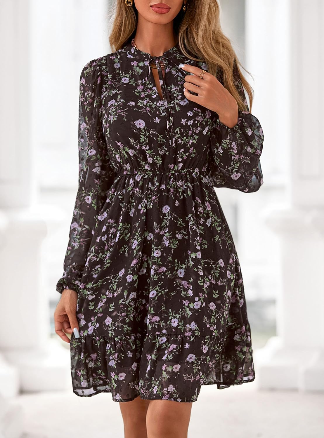 PRETTYGARDEN Womens Fall Boho Dresses 2025 Floral Long Sleeve V Neck Mini Flowy Wedding Guest Dress Trendy Vacation Outfits