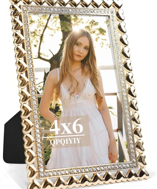 4x6 Picture Frame with Real Glass Cover, Gold Frames with Tabletop or Wall Hanging, Heart-shaped Metal Plating