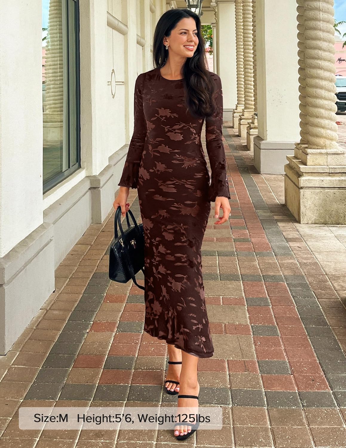 ZESICA Women’s 2025 Bell Long Sleeve Floral Maxi Dress Fall Fashion Bodycon Mesh Wedding Guest Cocktail Party Dresses