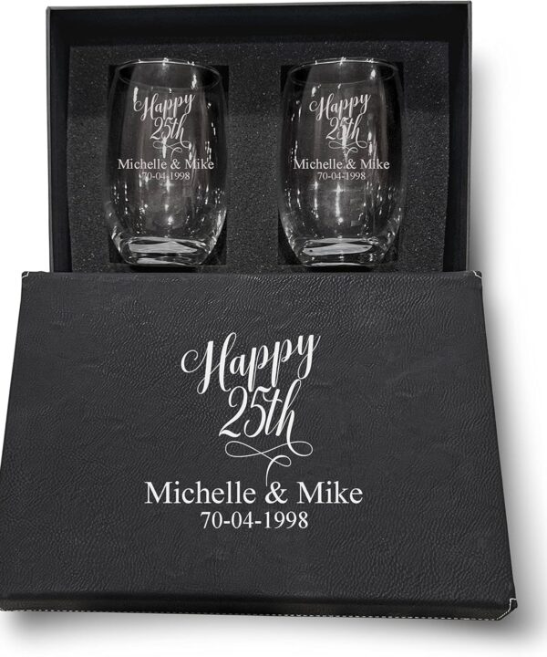 25th Anniversary Couple wine glasses, 20oz Etched Stemless Wine Glasses for Couples, Perfect Engagement Glasses,Bridal shower Gift