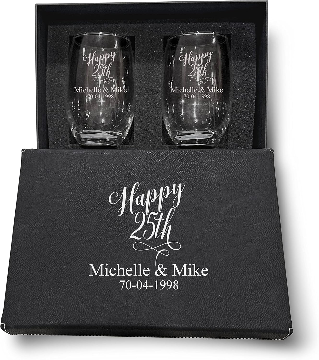 25th Anniversary Couple wine glasses, 20oz Etched Stemless Wine Glasses for Couples, Perfect Engagement Glasses,Bridal shower Gift