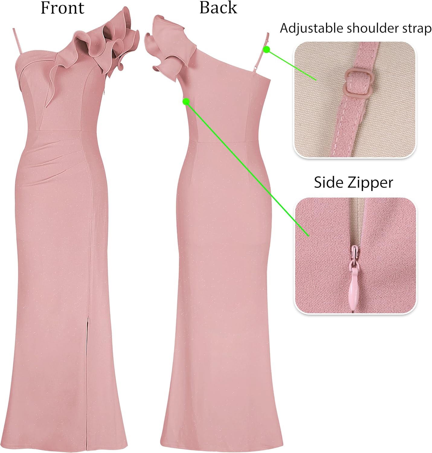 VFSHOW Womens Ruffle One Shoulder Strap Ruched Formal Prom Wedding Maxi Dress V Neck Elegant Split Cocktail Evening Long Gown