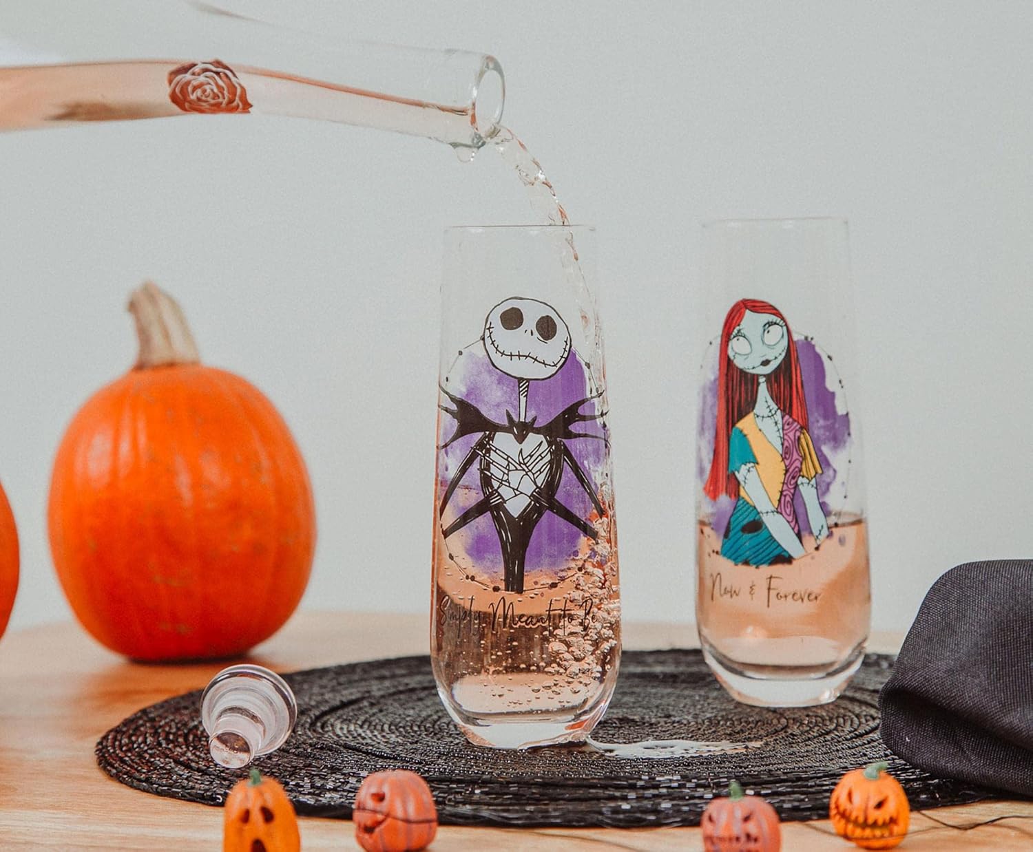 Nightmare Before Christmas Disney The Jack and Sally Stemless Fluted Glassware, Set of 2 | Toasting Champagne Glass Cups For Wine, Mimosas | Home Barware Decor, Kitchen Essentials, Housewarming Gifts