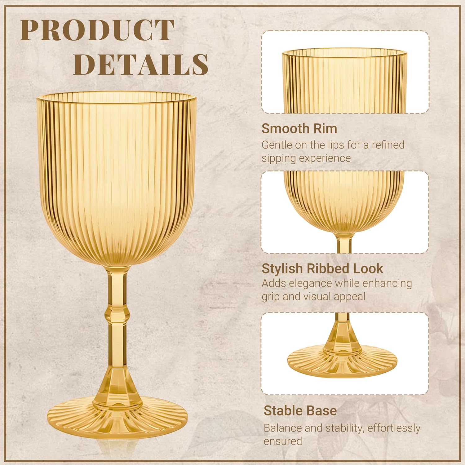Gold Plastic Wine Glasses 9oz Set of 12, Ribbed Vintage Goblets Unbreakable Reusable BPA-Free Stemmed Drinking Glasses for Parties, Weddings & Events