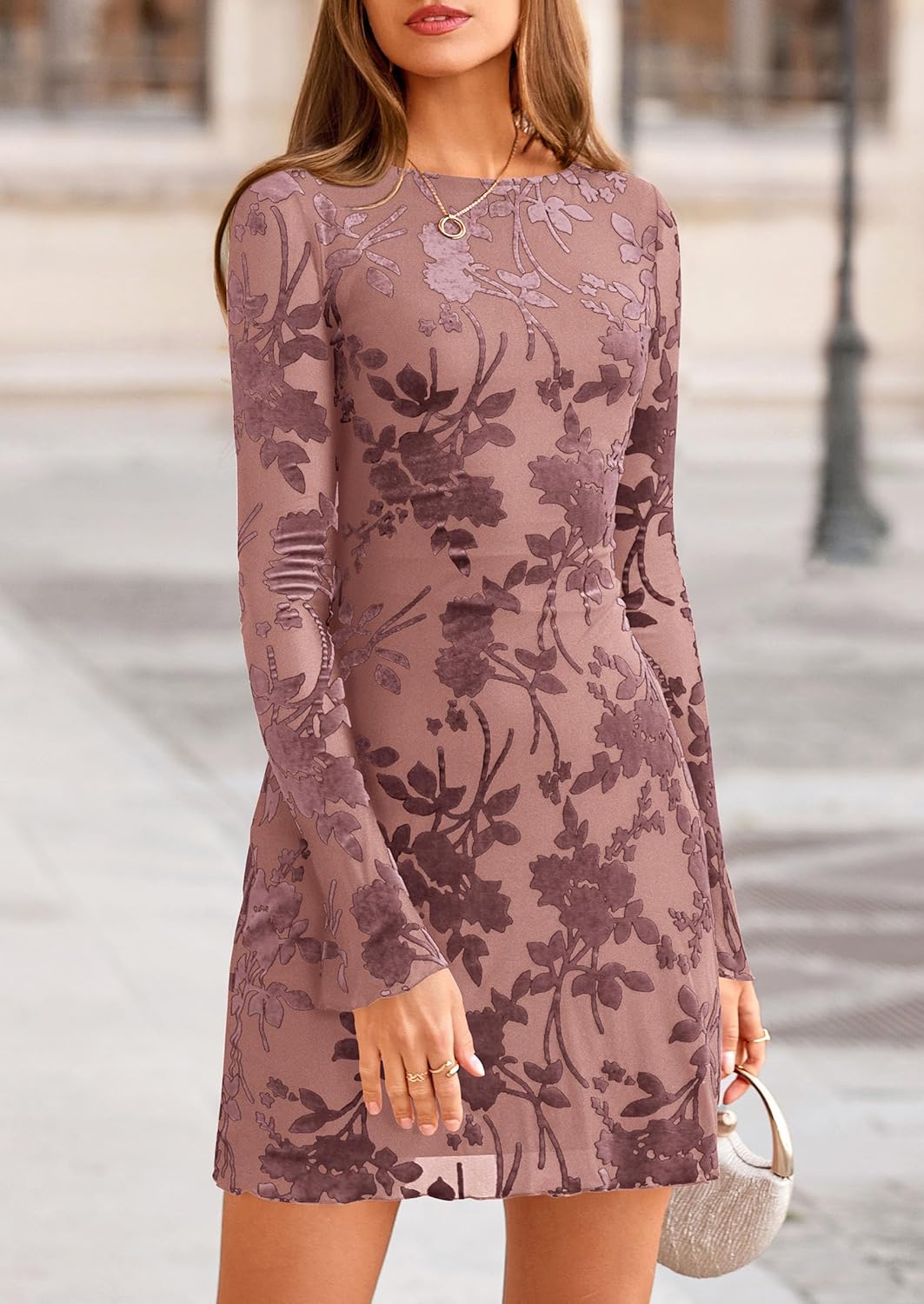 PRETTYGARDEN Women’s 2025 Fall Fashion Floral Long Sleeve Mini Dress Mesh Bodycon Short Party Date Night Going Out Dresses