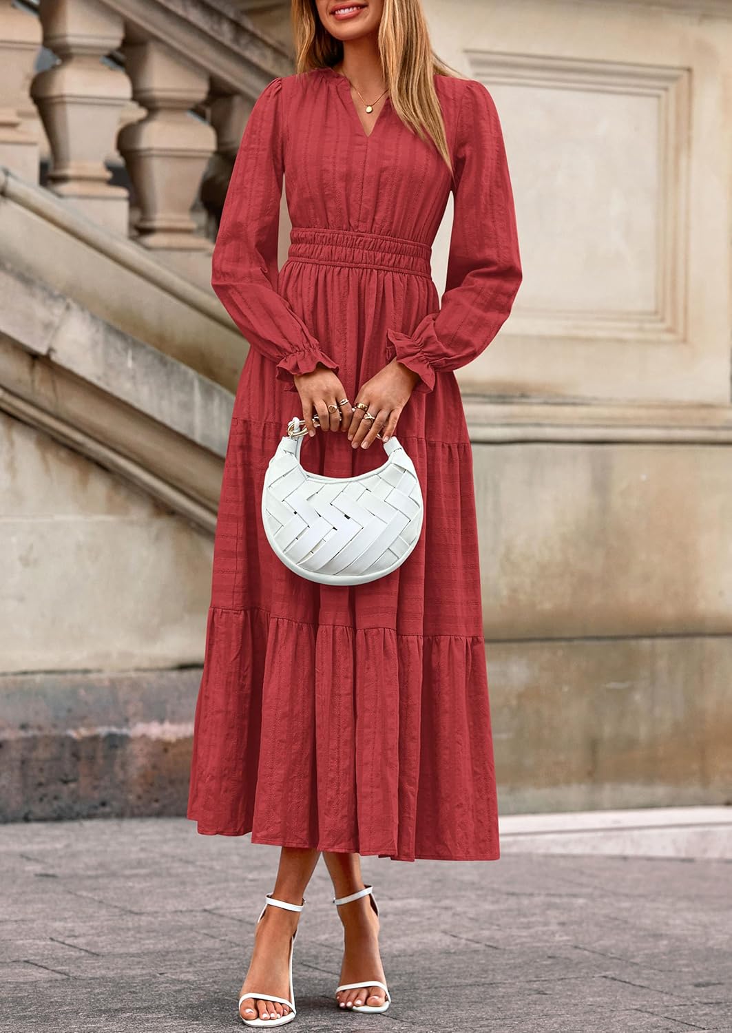 PRETTYGARDEN Womens 2025 Fall Wedding Guest Dresses Long Sleeve V Neck Flowy Elegant Holiday Party Maxi Dress with Pockets