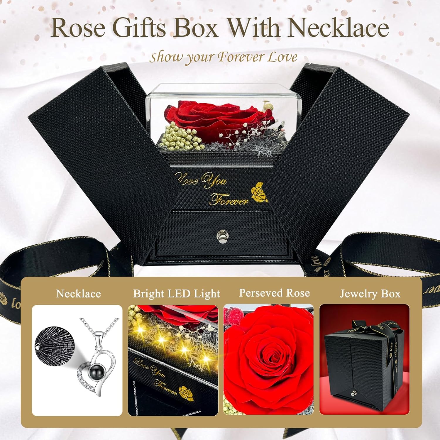 Preserved Real Rose-Eternal Flowers Rose Mothers Day for Mom Women Her Wife Girlfriend on Birthday Valentines with I Love You Necklace 100 Languages Romantic Gift