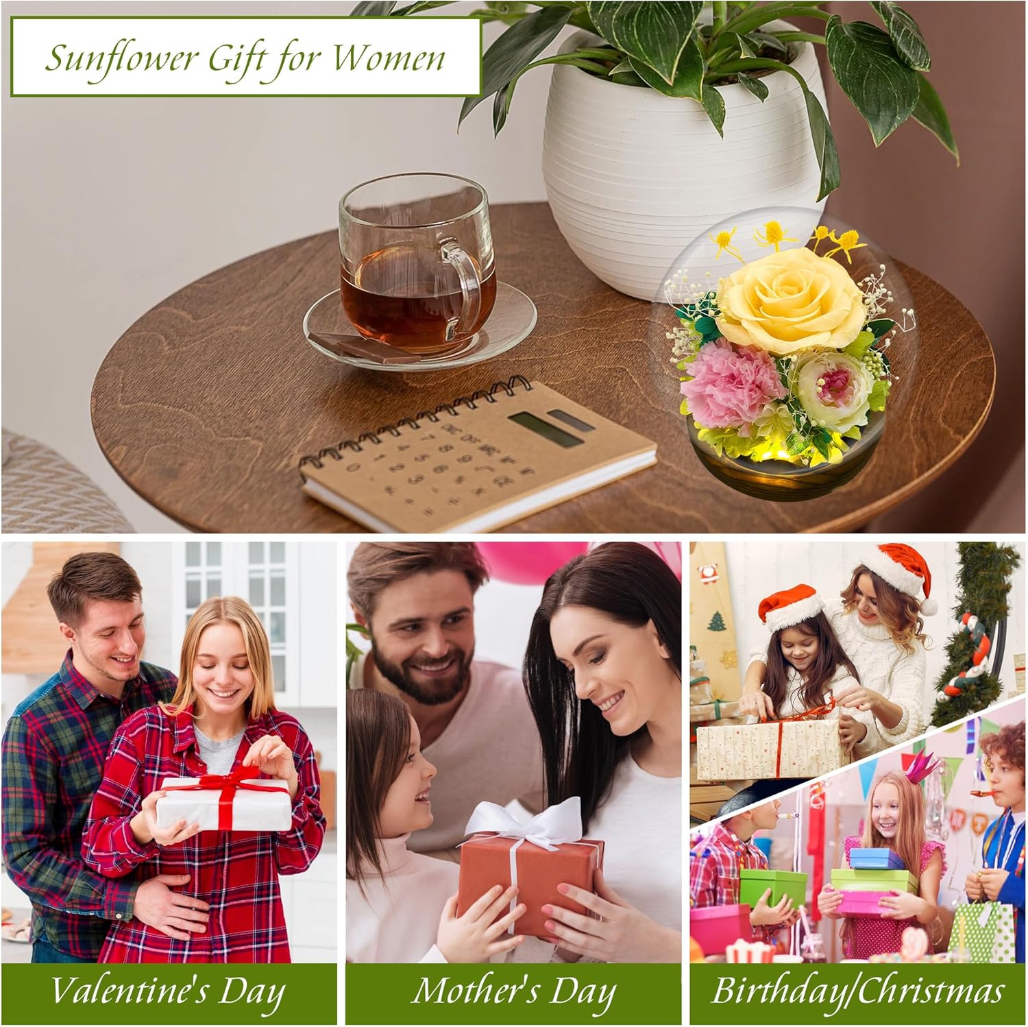 Yellow Rose Gifts for Womens for Mom Wife Girlfriend Mom – Preserved Real Rose in Glass Dome with LED Strip, Forever Flowers for Delivery on Birthday Anniversary