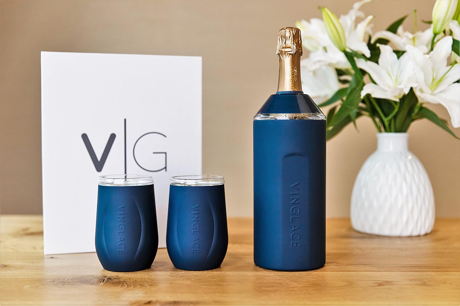 Vinglac Wine Bottle Chiller Gift Set- Portable Stainless Steel Wine Cooler with 2 Stemless Wine Glasses, Navy