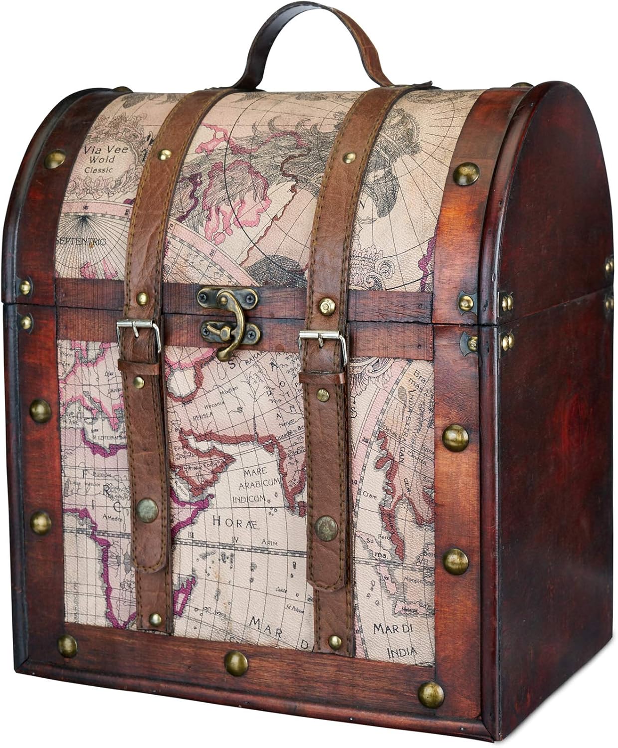 Twine Old World 6 Wooden Wine Bottle Gift Box – Wine Decorative Storage Box with Lid and Handle, Wine Accessory Sets, Wood, Faux Leather in Antique Map Design Liquor Gift Box