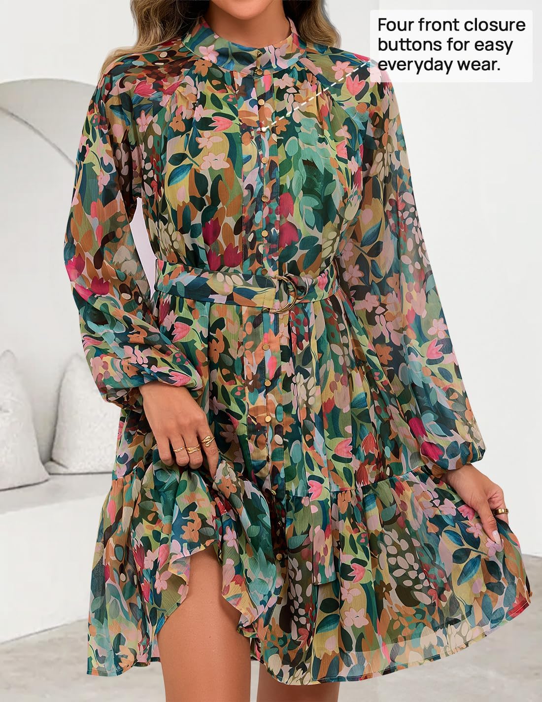 ZESICA Womens Fall Floral Mini Dress 2025 Long Sleeve Button Down Chiffon A Line Flowy Short Shirt Dresses with Belt