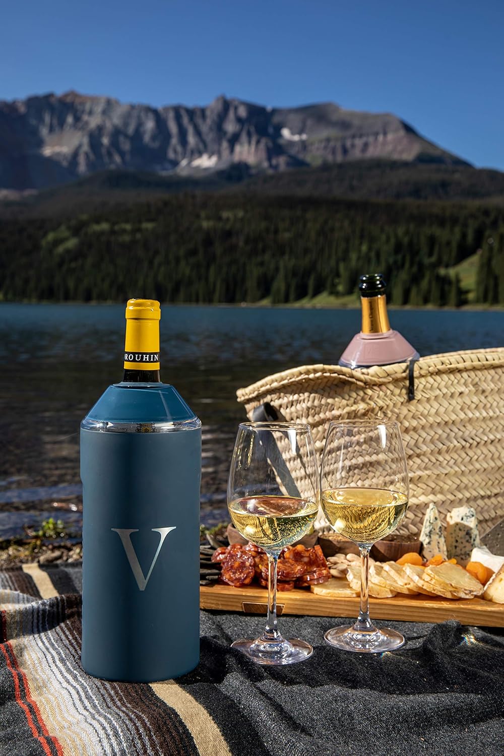 Vinglac Wine Bottle Chiller Gift Set- Portable Stainless Steel Wine Cooler with 2 Stemless Wine Glasses, Navy