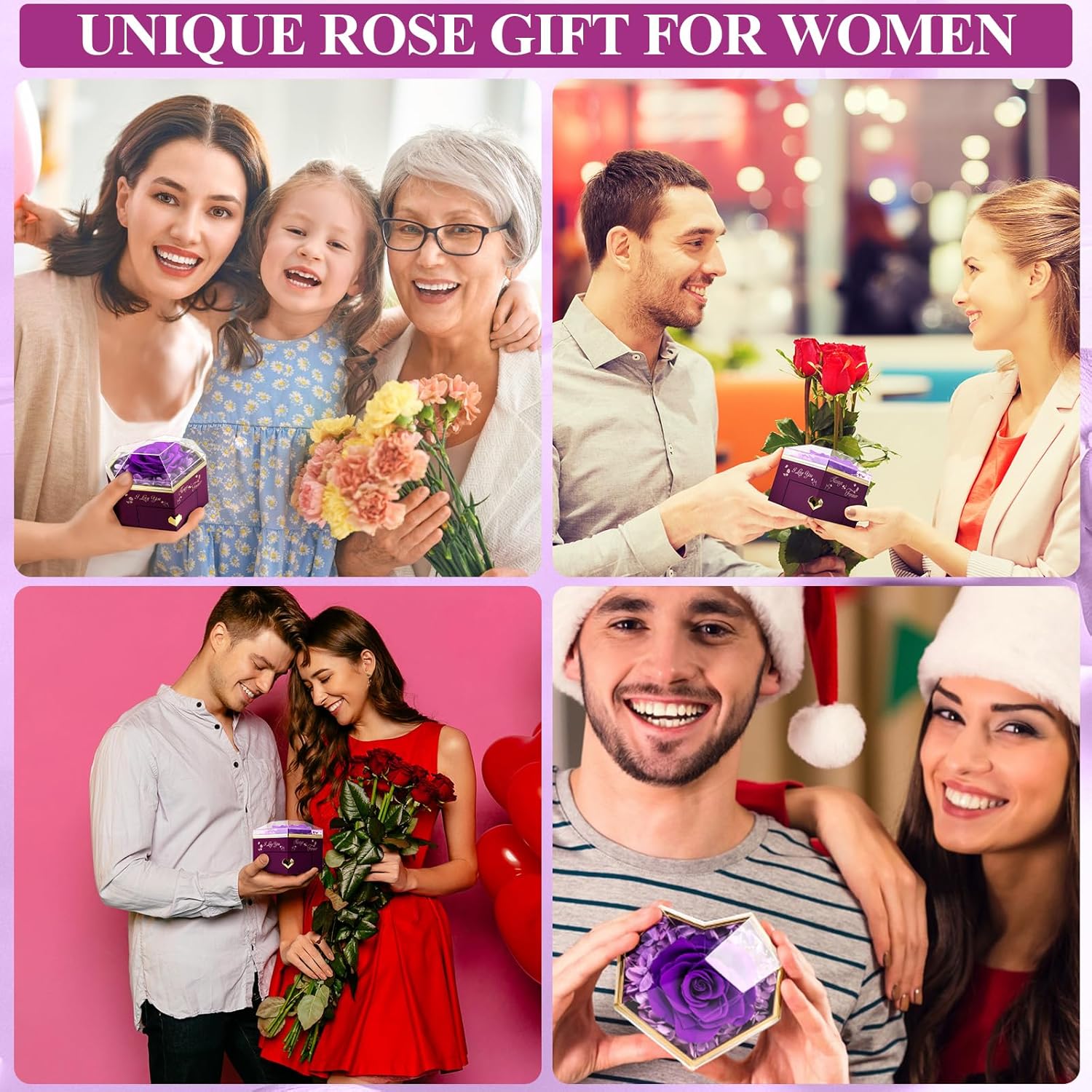 Heart Shape Preserved Real Rose Box with Necklace, Forever I Love You Roses Gifts for Her, Eternal Flowers Gifts for Women, Anniversary Thanksgiving Ideas – Purple