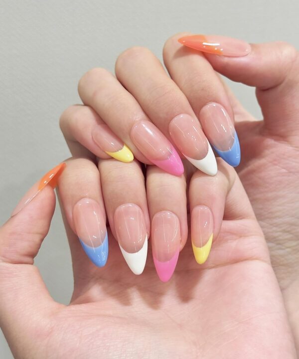 Colorful French Tip Press on Nails Medium Almond Fake Nails Nude Sheer False Nails with Designs Glossy Acrylic Stick on Nails for Women (Creamy Heart French, M)