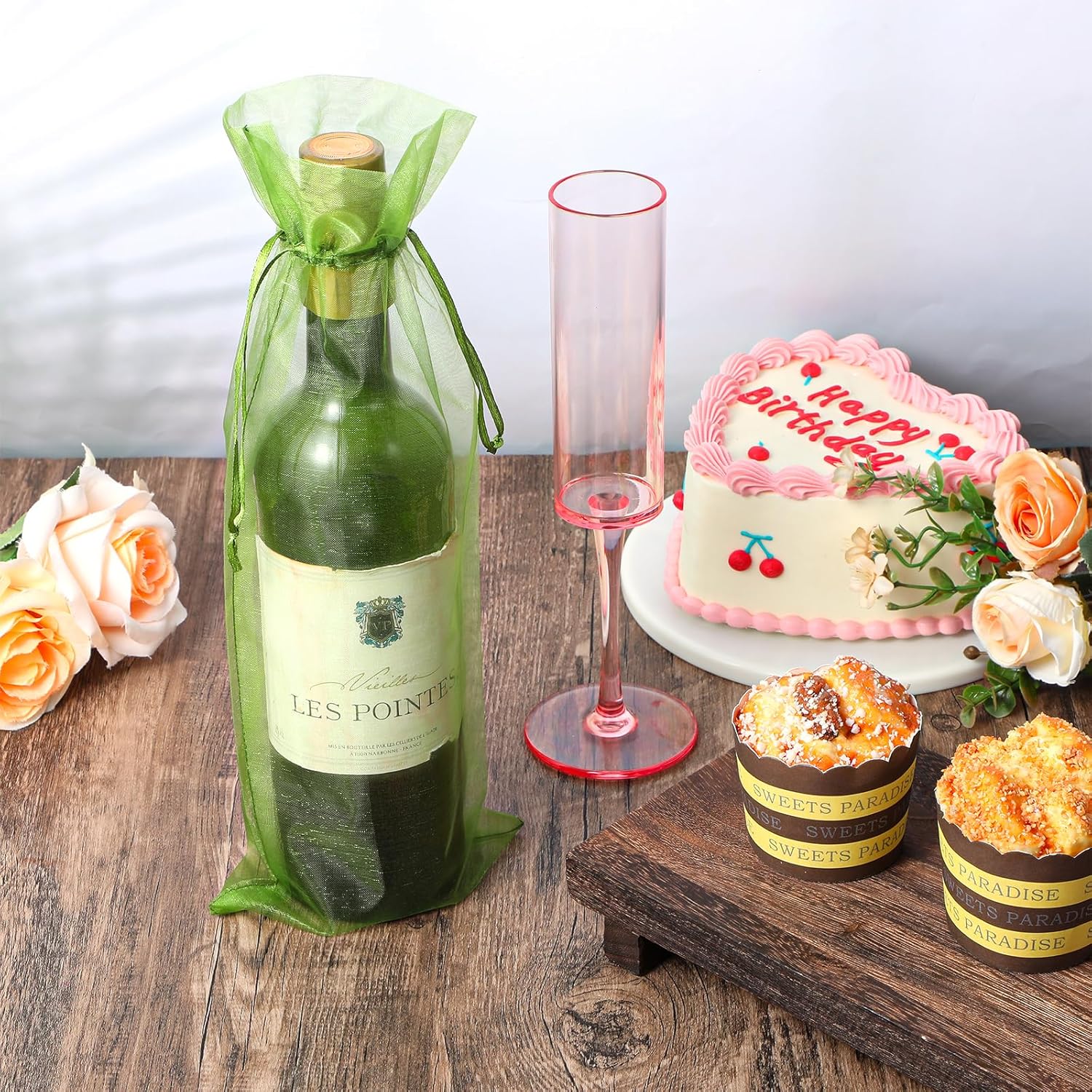 cobee 70 Pcs Organza Wine Bags, Sheer Mesh Wine Gift Pouches 14.6 x 5.5 inches Bottle Covers Drawstring Gift Wrap Bags Dresses for Wedding Tasting Party Favors Samples Display Decoration Christmas