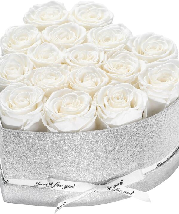 for Mom,Forever Flowers for Delivery, 16 White Preserved Rose in Heart Shaped Box, Eteranl Rose on Anniversary Birthday Gifts for Women, Mother, Wife, Girlfriend，