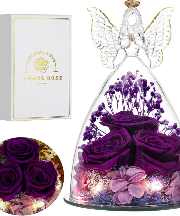 Mothers Day Mom Gifts for Women Preserved Flowers in Glass Angel Forever Flowers Gifts Eternal Roses Gifts for Grandma, Full Purple