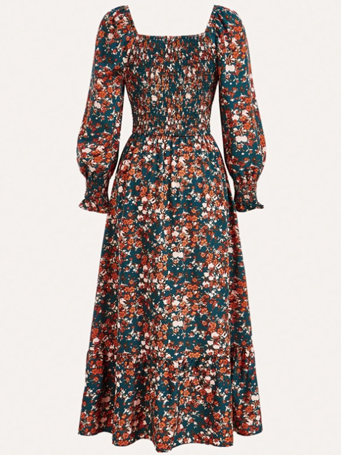 RWJ Women’s Plus Size Fall Dress Long Sleeve Square Neck Floral Print Smocked A Line Boho Flowy Maxi Dresses with Pockets