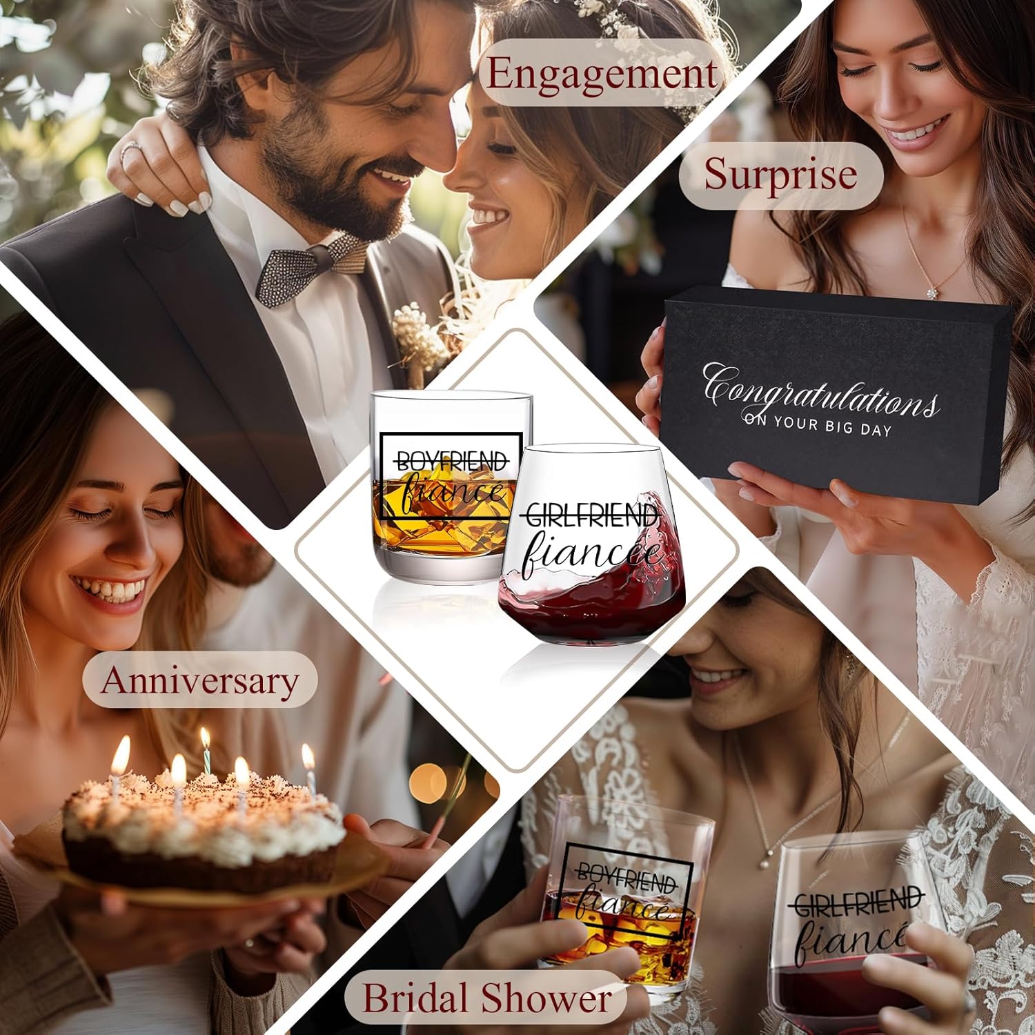 comfit Fianc Engagement Gifts for Couples – Stemless Engagement Wine & Whiskey Glasses for Newly Engaged Couples, Mr and Mrs, Wedding Planning Wine Bag