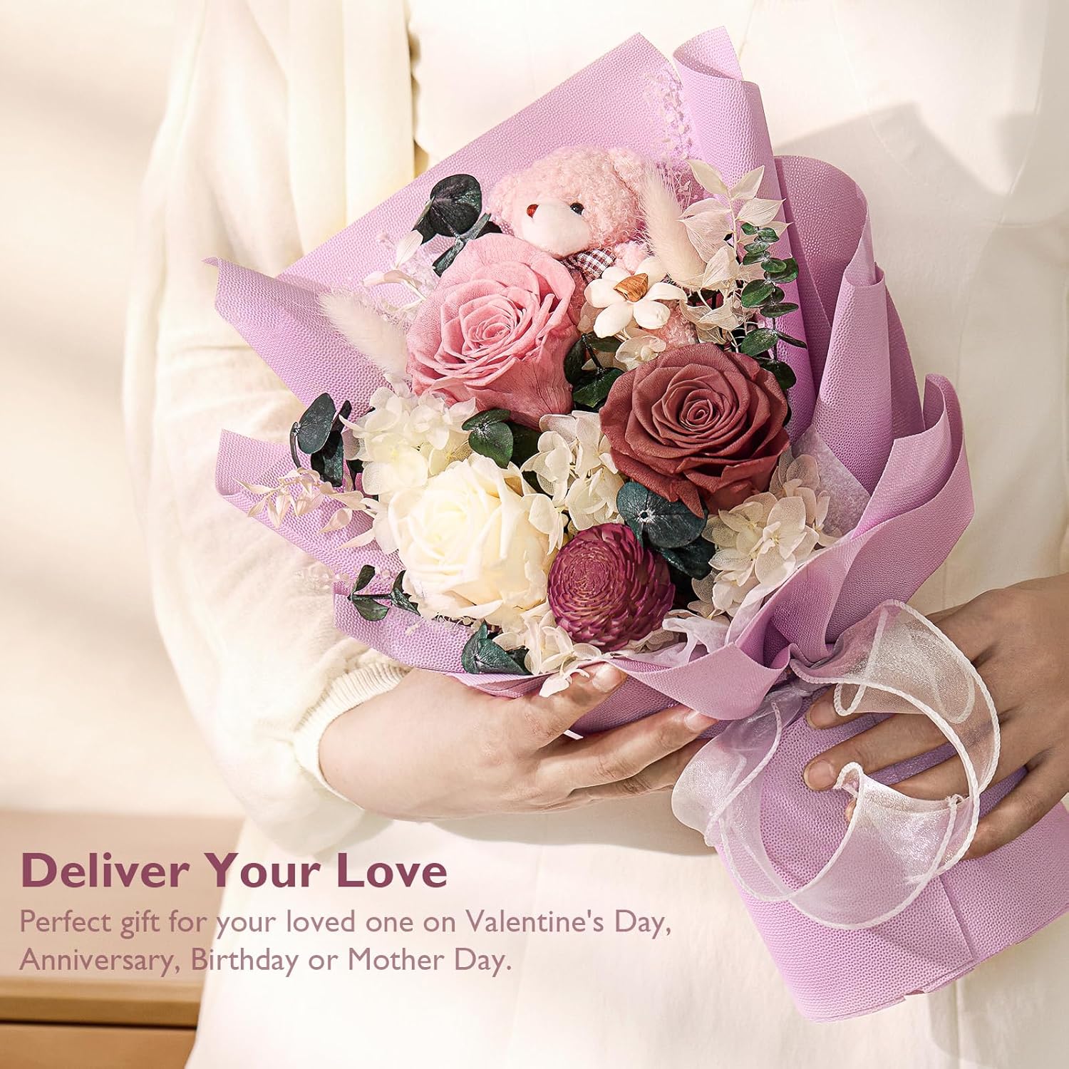 Polylove Forever Flower Bouquet Flowers for Delivery Prime Preserved Roses with Bear Gift Box for Wife Women Mother Day Anniversary Birthday (Purple)
