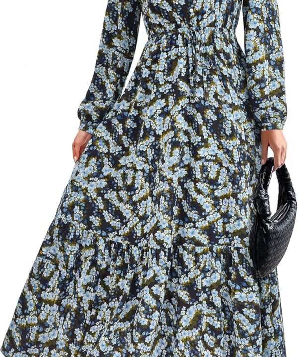 BTFBM Womens Fall Dresses 2025 Casual Long Sleeve Boho Floral V Neck Button Down Pockets Flowy Vacation Wedding Dress