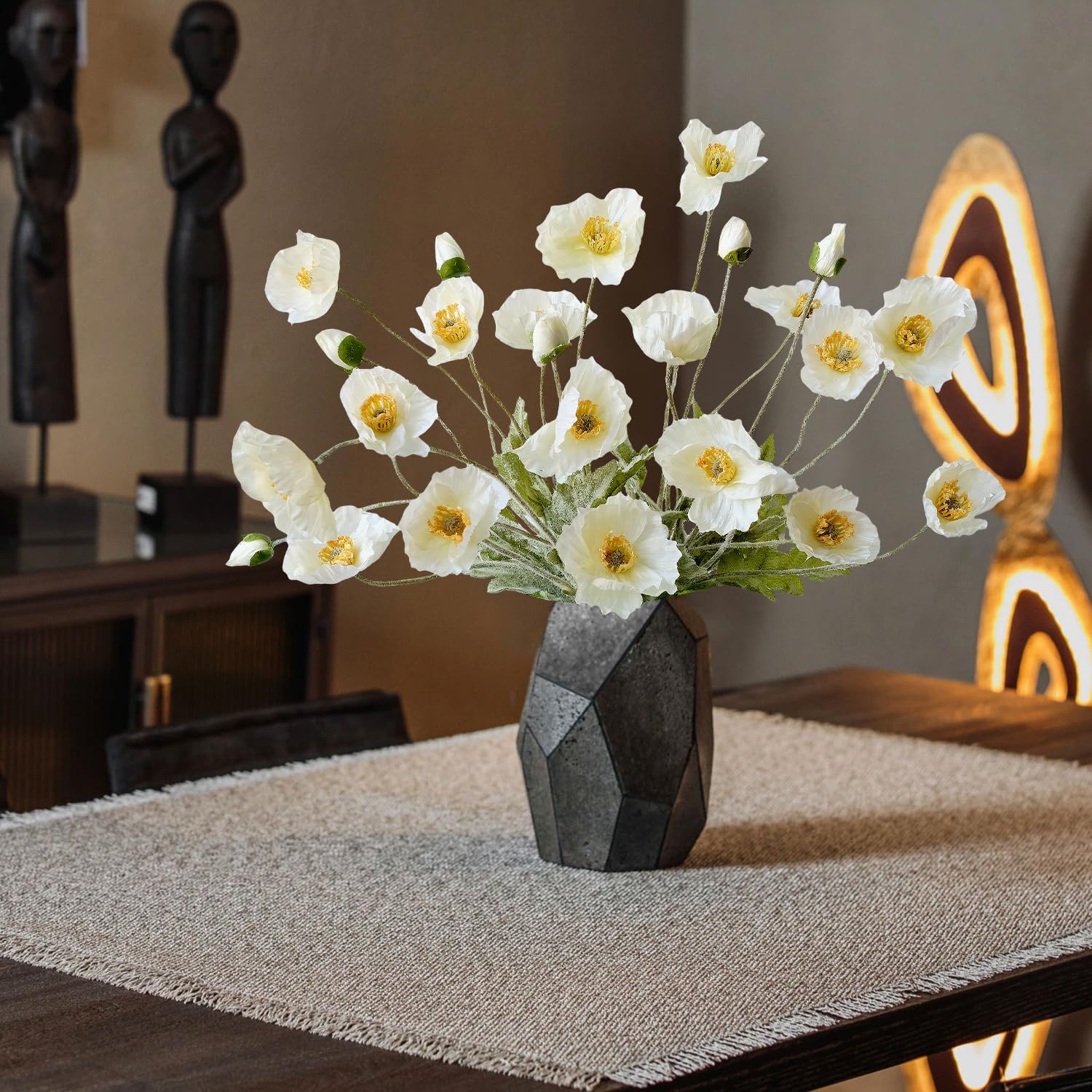 White Poppy Silk Flowers, 6pcs Lifelike Artificial Plants & Flowers, Faux Poppies Bouquet with Long Stems for Spring Kitchen Table Centerpiece Wedding Baby Shower Home Cemetery