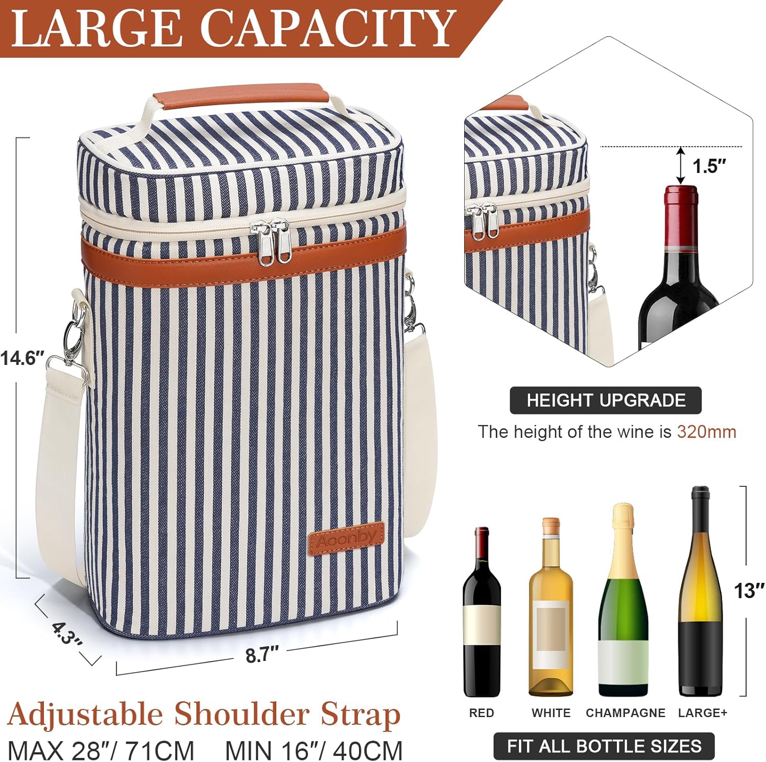 2 Bottle Wine Bag Wine Cooler Carrier Wine Gift Tote Bag, Leakproof & Insulated Bottle Bags for Travel, BYOB, Beach, Dinner, Party, Christmas Gifts for Wines Lovers Women Men – Navy Stripe