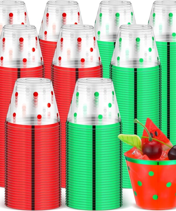 Uiifan 100 Pcs Clear Plastic Cups 9 oz Gold Trimmed Disposable Cups Plastic Wine Glasses Cocktail Cups Drinking Cup for Christmas Holiday Wedding Birthday Events Party Supplies (Red and Green Brim)