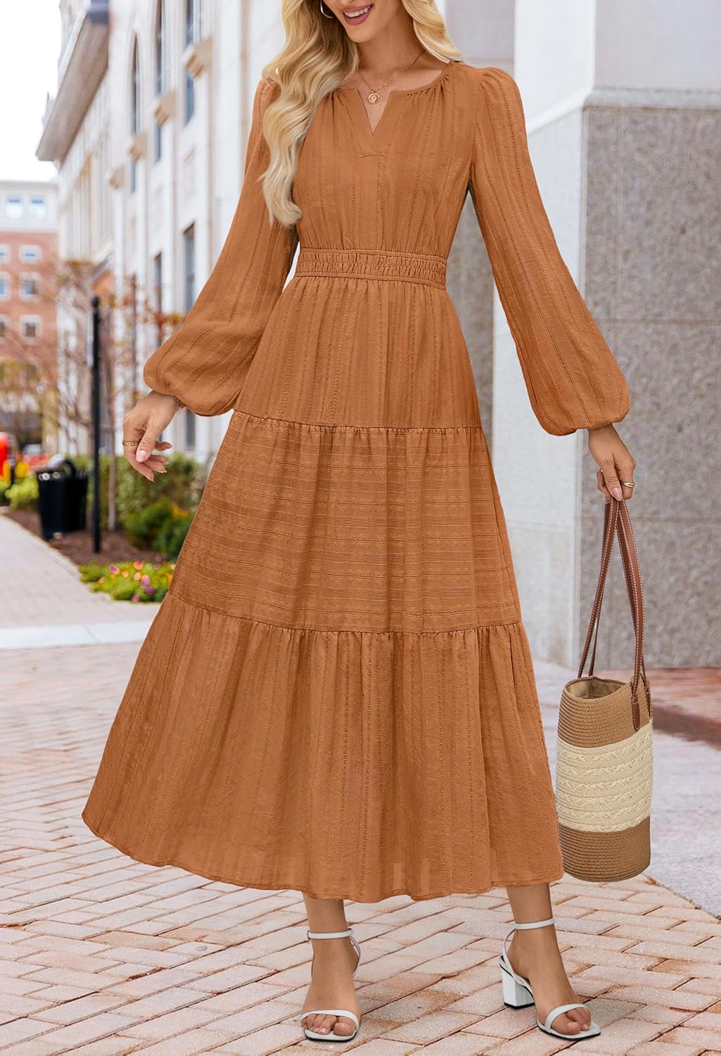 MEROKEETY Fall Dresses for Women 2025 Winter Long Sleeve Casual V Neck Tiered Cotton Midi Maxi Dress Pockets