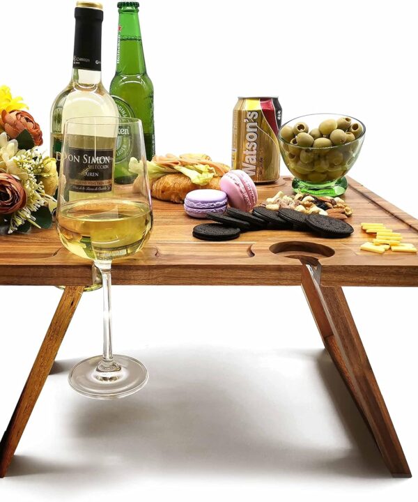 Portable Wine Picnic Table, Acacia Wood, Larger Tray Foldable, Charcuterie Board, Wine Gift, Decor for Romantic Camping, Engagement Party, Concerts, Glamping, Winter Adventure