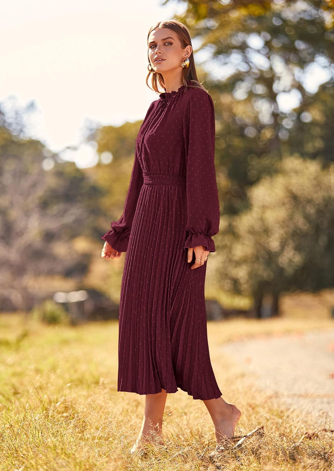 PRETTYGARDEN Womens 2025 Spring Fall Midi Dress Casual Long Sleeve V Neck Swiss Dot Pleated A Line Flowy Dresses