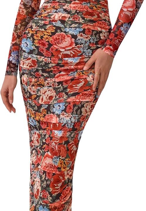 PRETTYGARDEN Women's Long Sleeve Maxi Dress 2025 Fall Ruched Bodycon Floral Mesh Formal Wedding Guest Cocktail Party Dresses