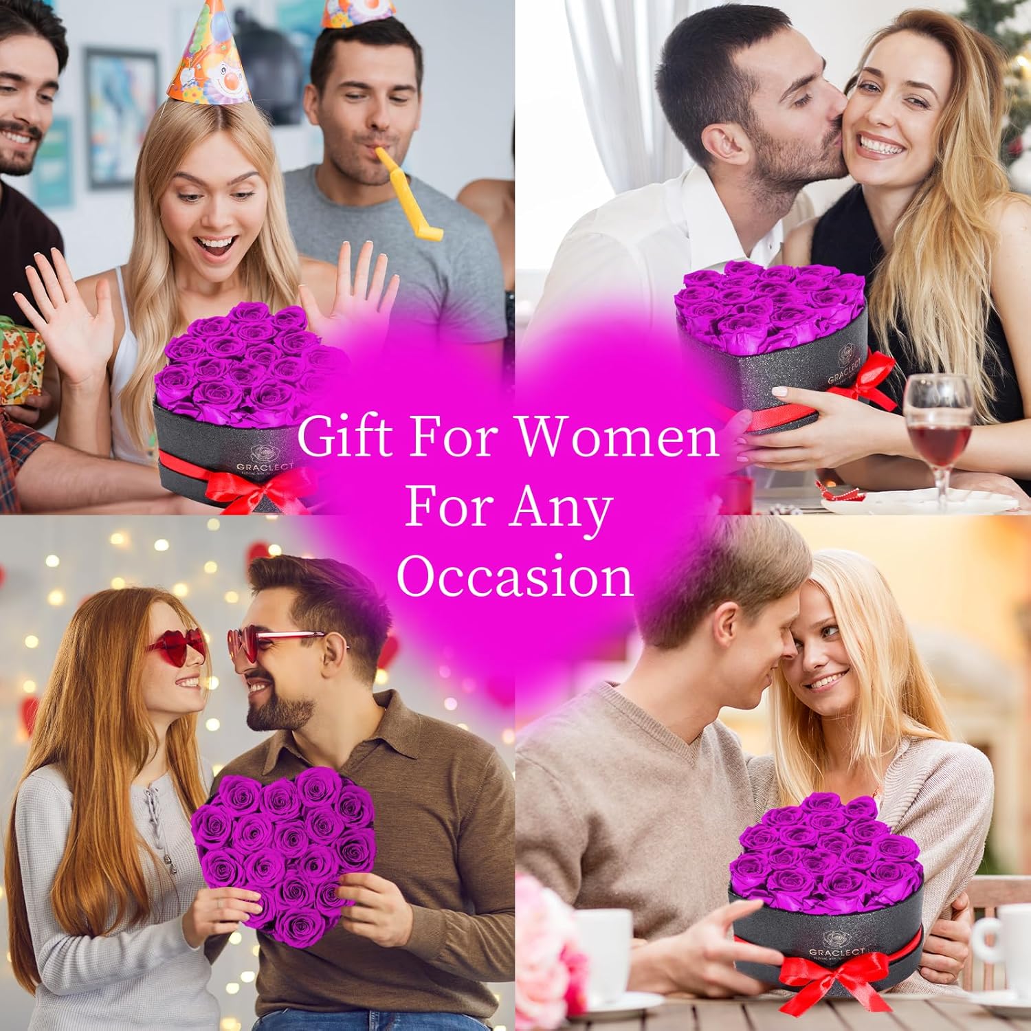 16 Flowers Forever in Heart Shape Box, Eternal Rose, Preserved Roses, Immortal Roses Birthday Gift for Her, Women, Mothers Day gifts for mom – Purple Rose